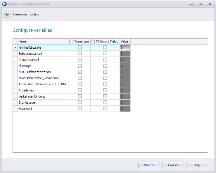 Fenster von ClearVu Analytics Wizard zum konfigurieren der Variablen.
