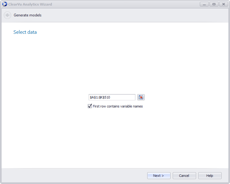 Fenster von ClearVu Analytics Wizard zur Auswahl des Datensatzes.