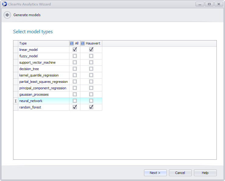 Fenster von ClearVu Analytics Wizard zur Auswahl der zu verwendenen Modelle.